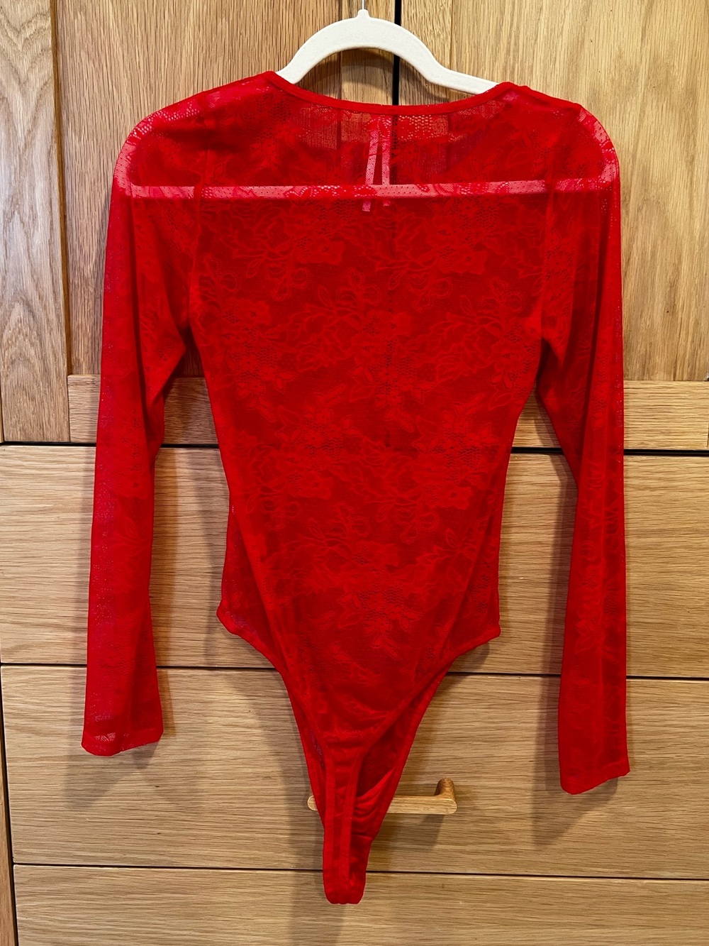 Anthropologie Lace Long Sleeve Bodysuit Red Size Small Feminine Sheer Holiday - Picture 4 of 5